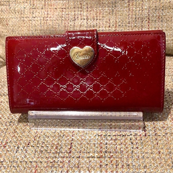 GUCCI GUCCISSMA Wine Patent Leather Continental Bifold Wallet Gold Heart Lock - Picture 17 of 17